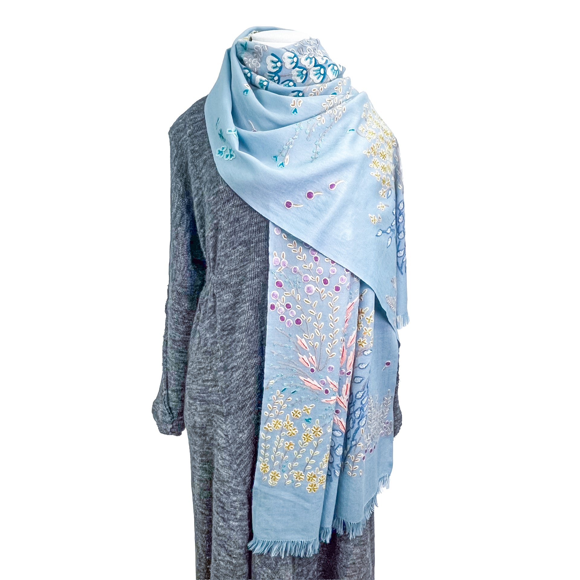 Spring Garden ウール アリー手刺繍ストール (ライトブルー) – TARA