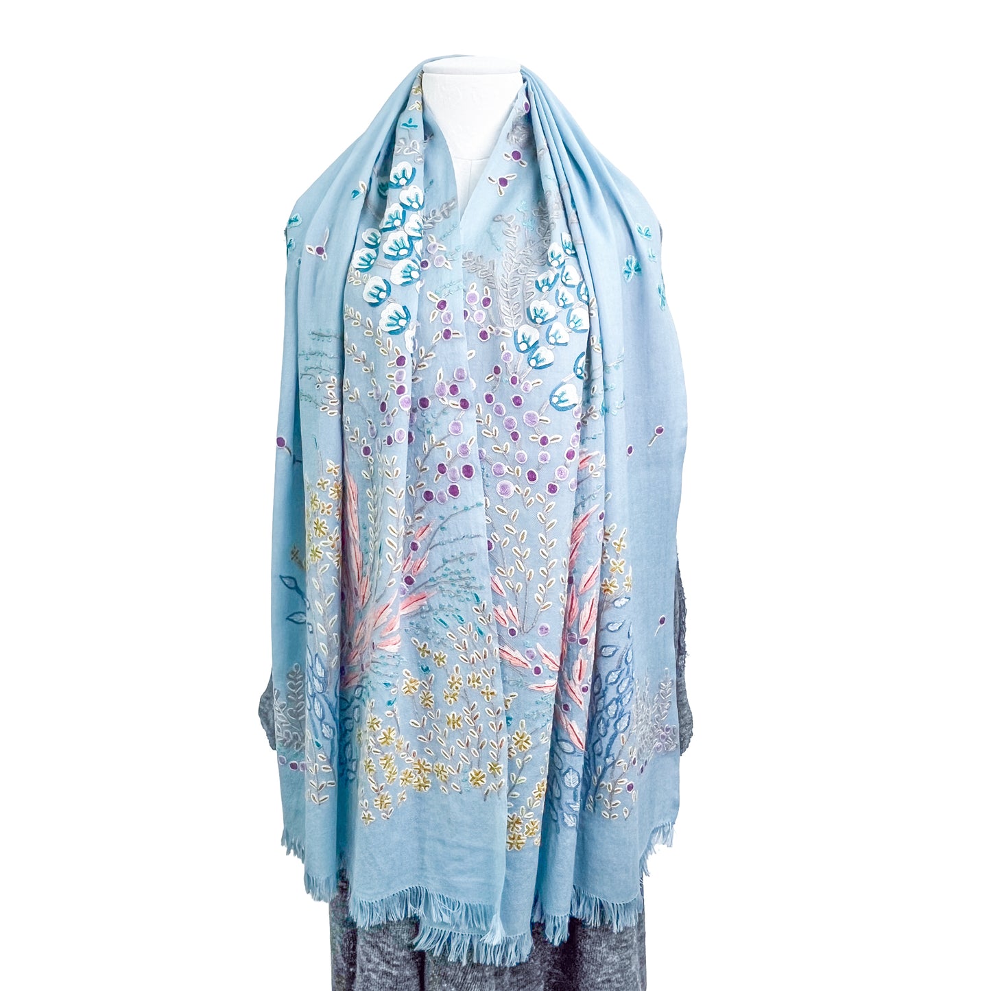 Flower motif thin wool &amp; silk Allie hand embroidered stole 60cm x 185cm (dark purple) S-WTA8002_0123