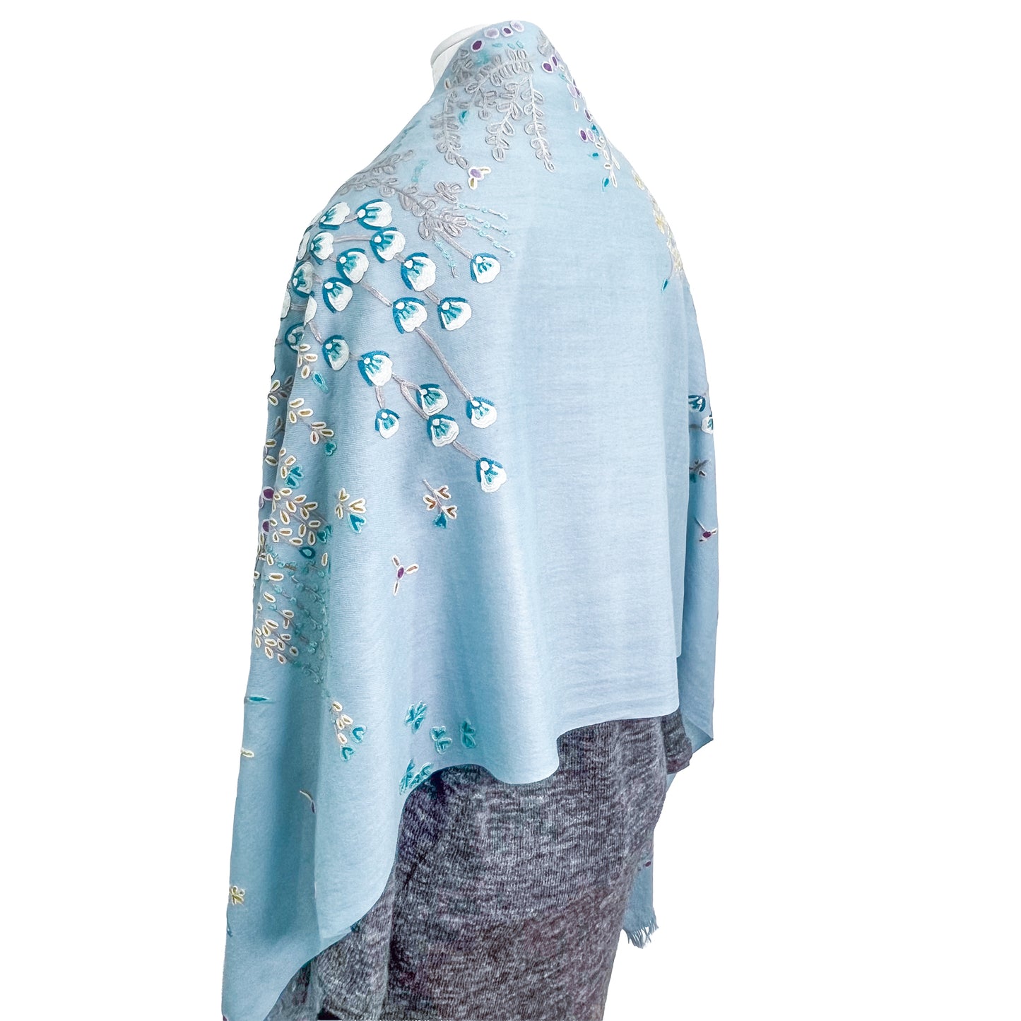 Flower motif thin wool &amp; silk Allie hand embroidered stole 60cm x 185cm (dark purple) S-WTA8002_0123