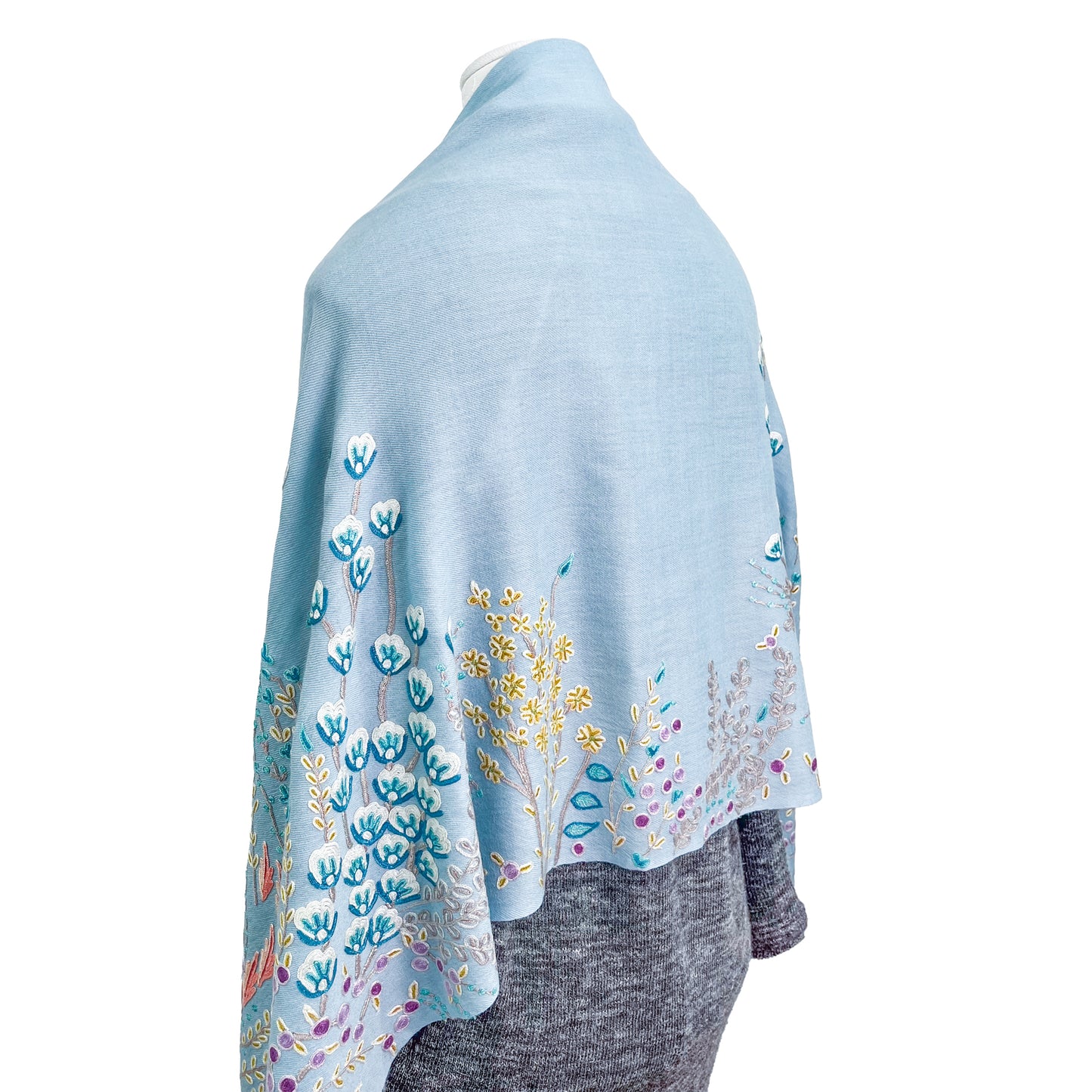 Flower motif thin wool &amp; silk Allie hand embroidered stole 60cm x 185cm (dark purple) S-WTA8002_0123