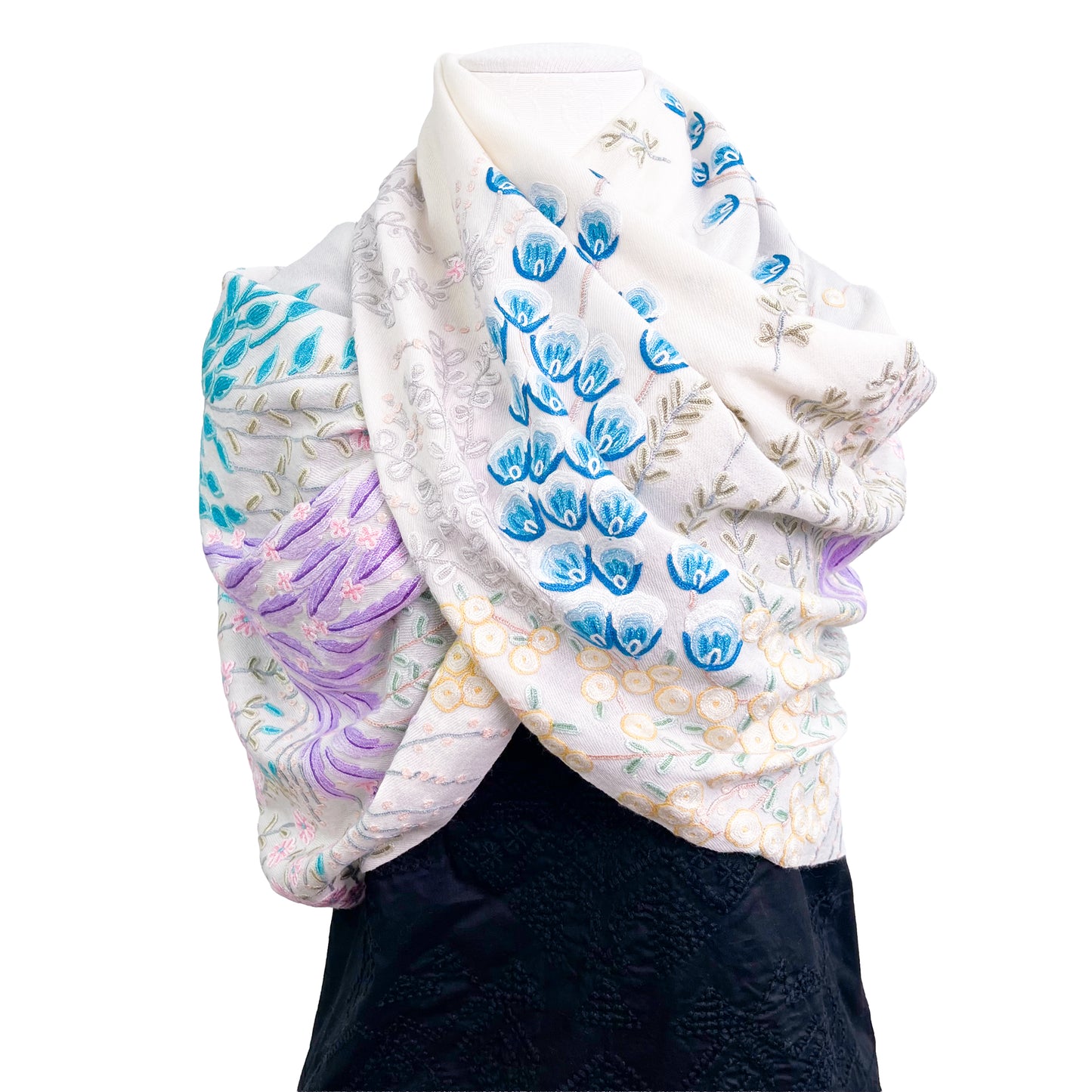 Flower motif thin wool &amp; silk Allie hand embroidered stole 60cm x 185cm (dark purple) S-WTA8002_0123