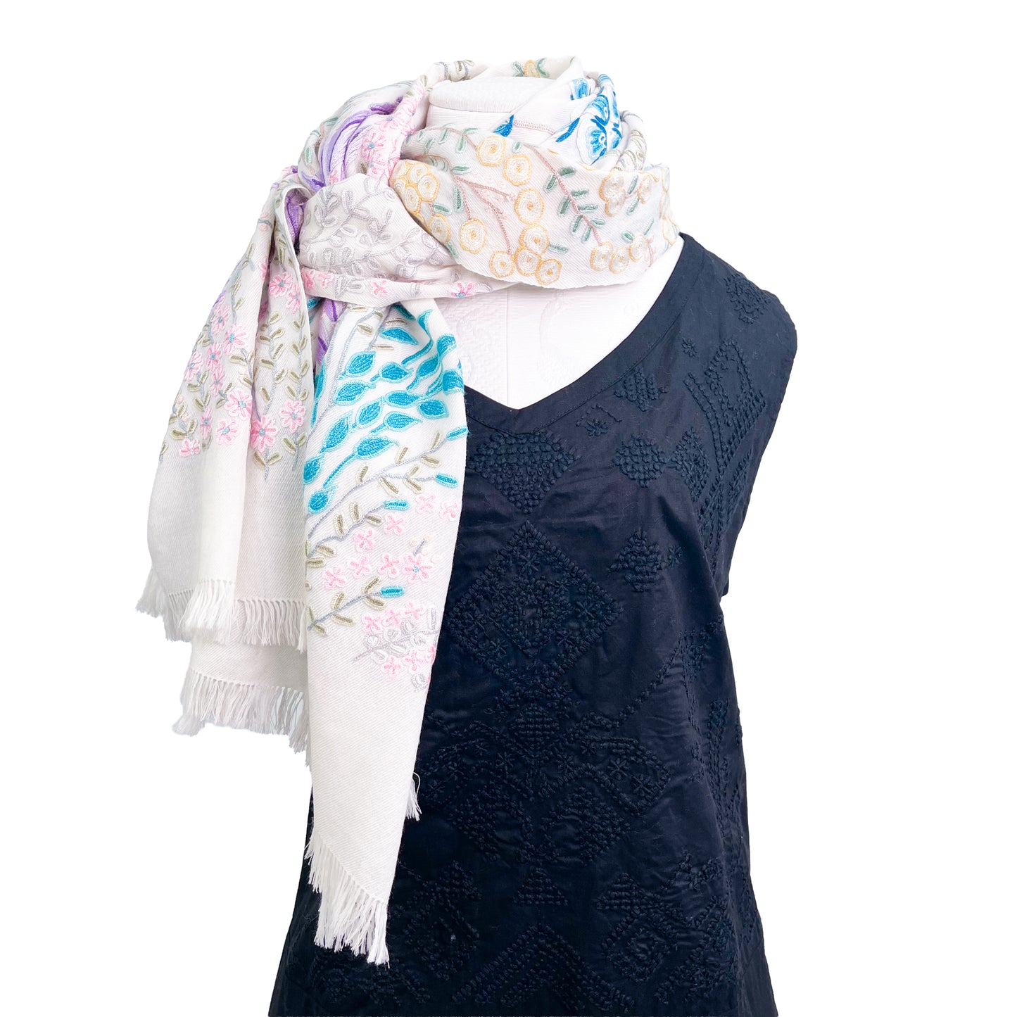 Flower motif thin wool &amp; silk Allie hand embroidered stole 60cm x 185cm (dark purple) S-WTA8002_0123