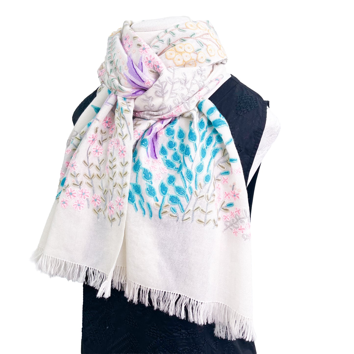 Flower motif thin wool &amp; silk Allie hand embroidered stole 60cm x 185cm (dark purple) S-WTA8002_0123