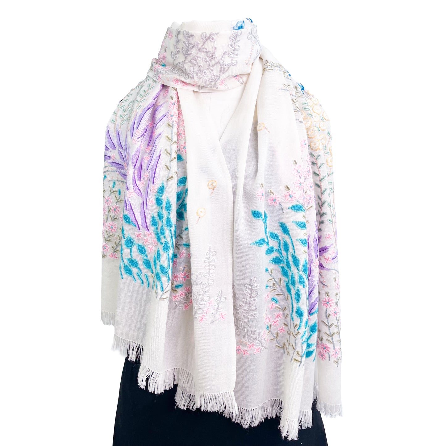 Flower motif thin wool &amp; silk Allie hand embroidered stole 60cm x 185cm (dark purple) S-WTA8002_0123