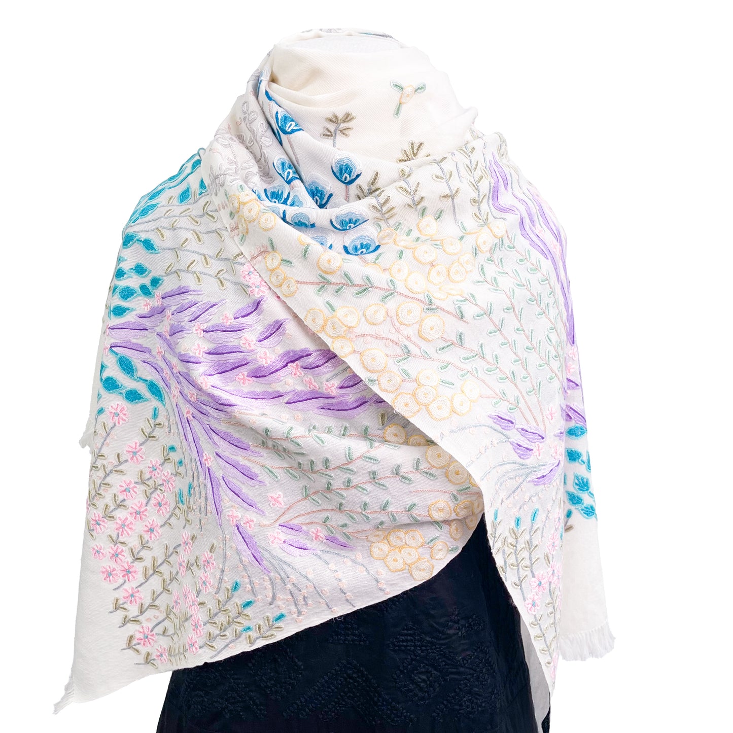 Flower motif thin wool &amp; silk Allie hand embroidered stole 60cm x 185cm (dark purple) S-WTA8002_0123