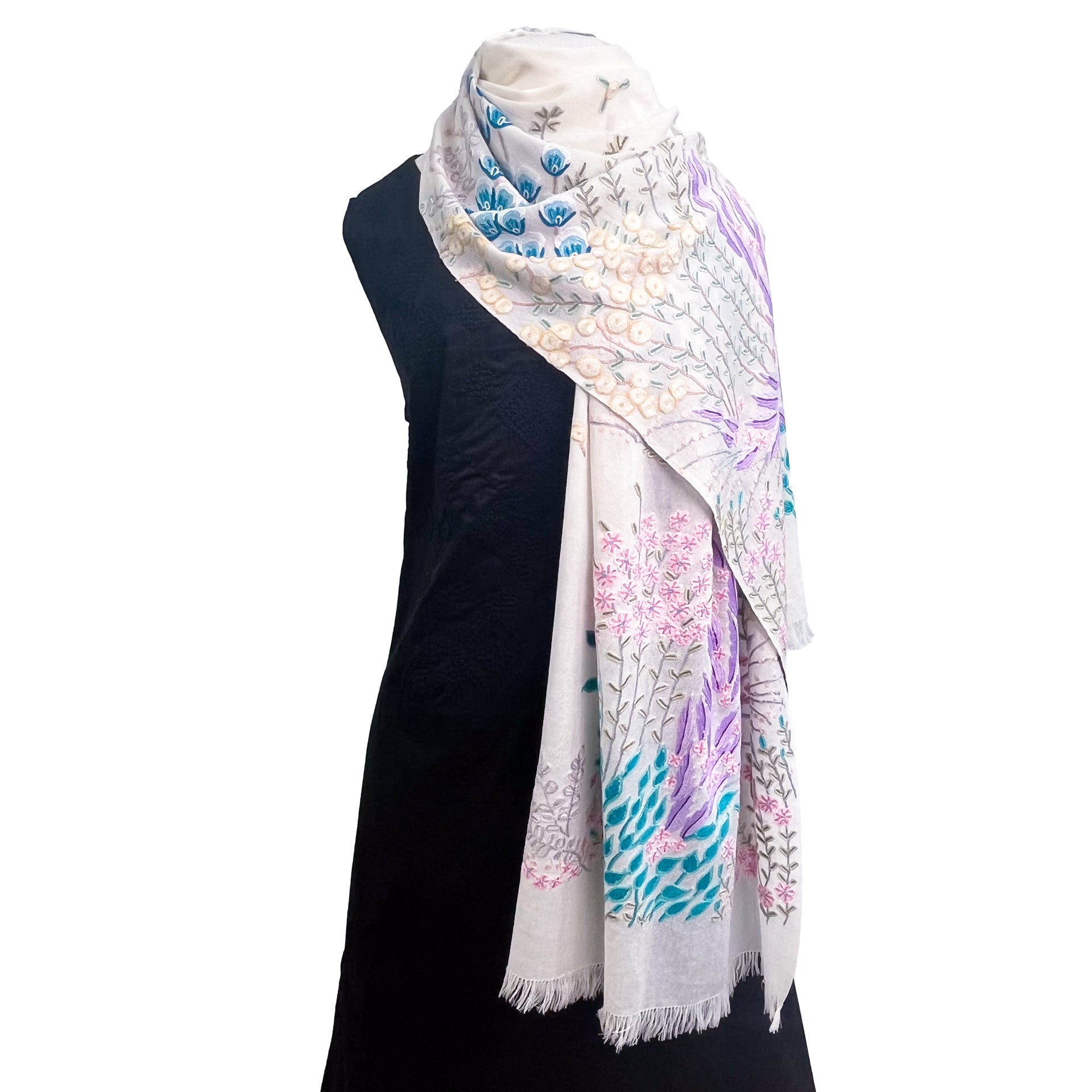 Spring Garden ウール アリー手刺繍ストール (ホワイト/マルチ) – TARA