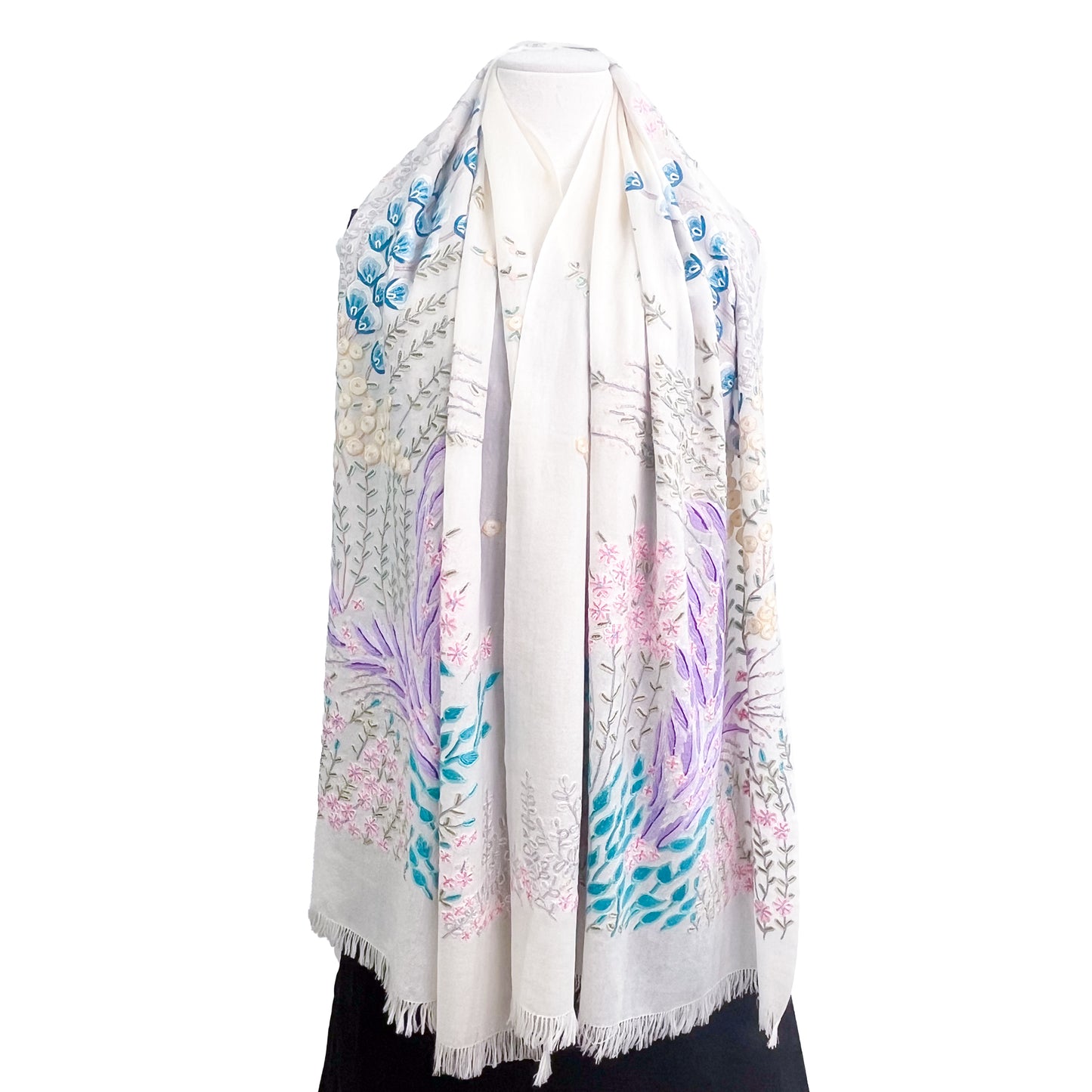 Flower motif thin wool &amp; silk Allie hand embroidered stole 60cm x 185cm (dark purple) S-WTA8002_0123