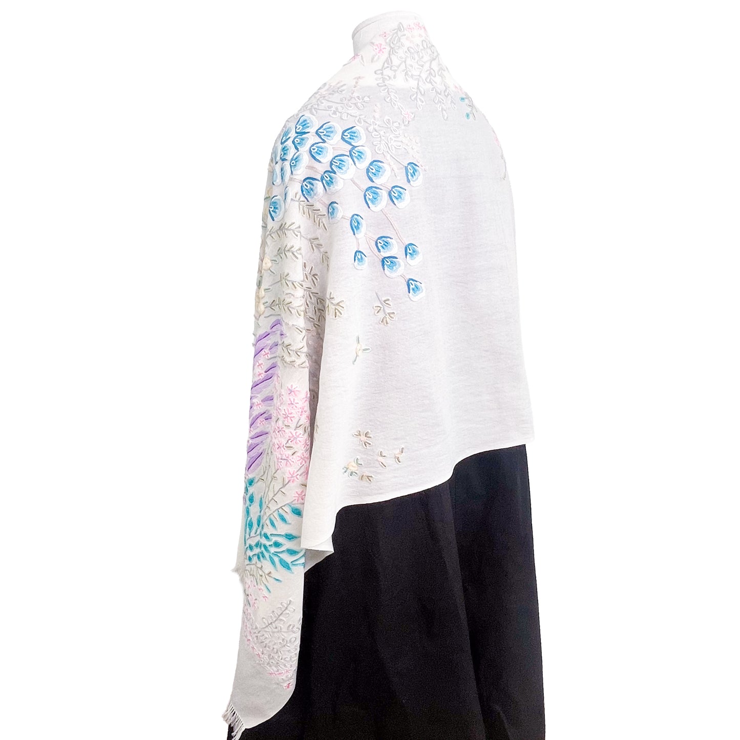 Flower motif thin wool &amp; silk Allie hand embroidered stole 60cm x 185cm (dark purple) S-WTA8002_0123