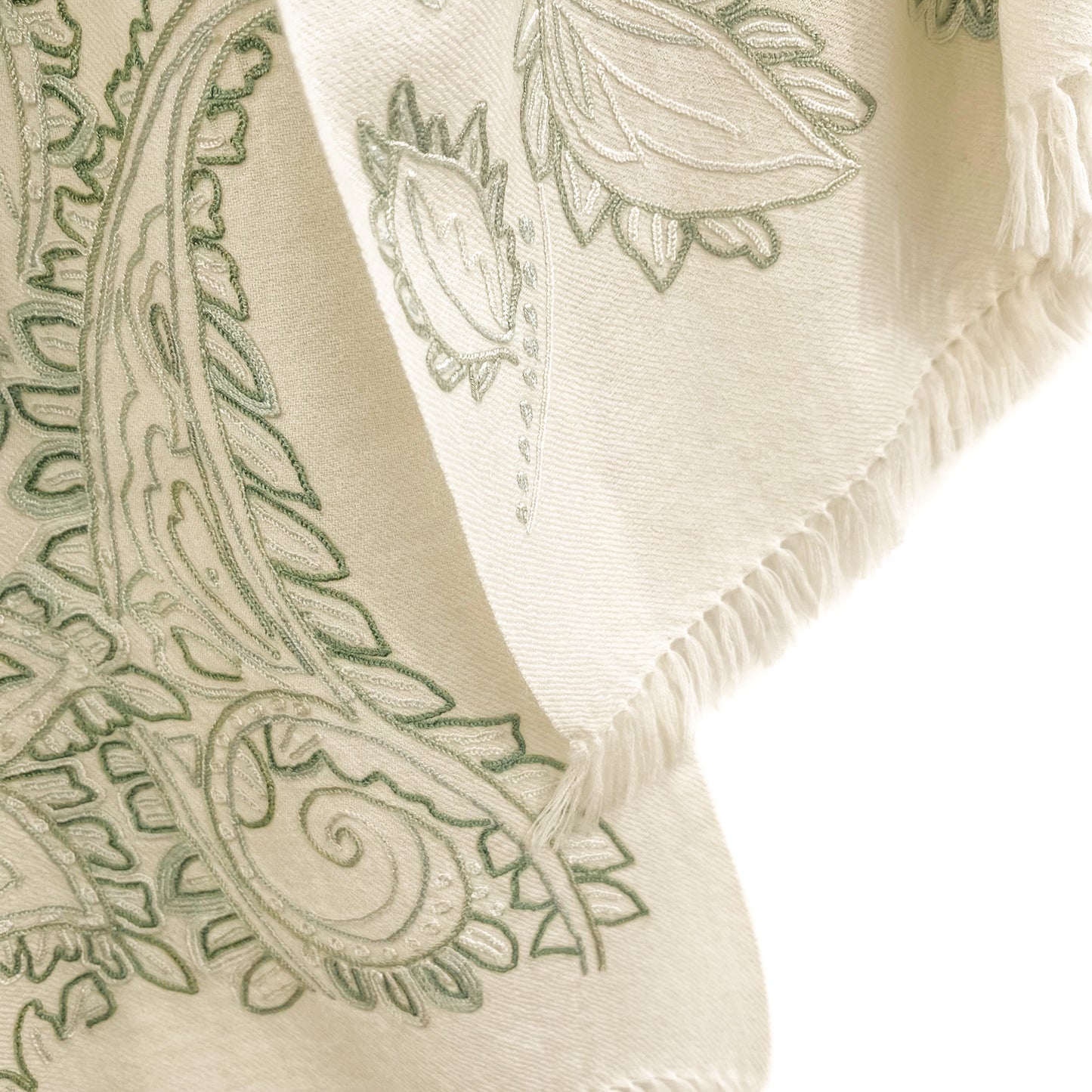 Wool Arly Hand Embroidered Stole (White/Light Green)