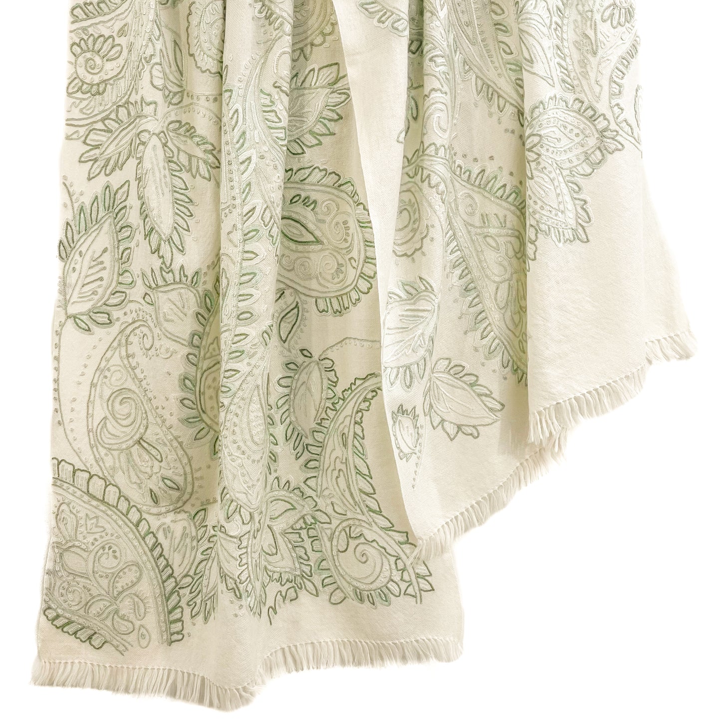 Wool Arly Hand Embroidered Stole (White/Light Green)