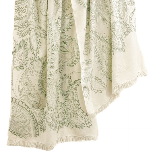 Wool Arly Hand Embroidered Stole (White/Light Green)