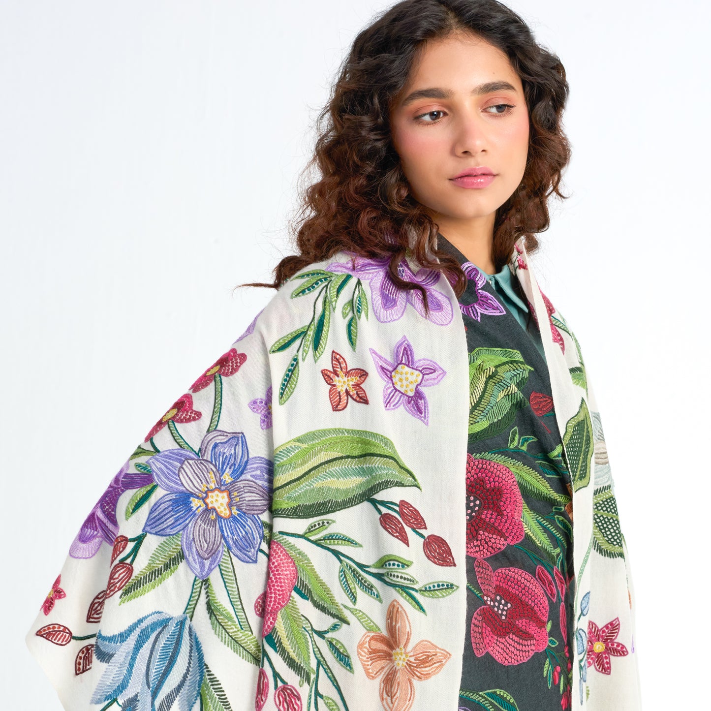 Flower Celebration Wool Ally Hand Embroidered Stole (White/Multi)
