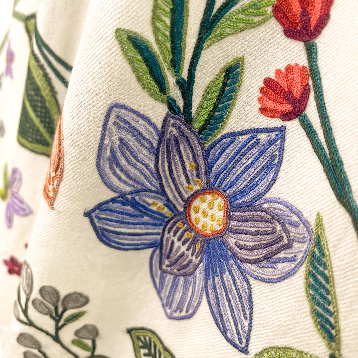 Flower Celebration Wool Ally Hand Embroidered Stole (White/Multi)