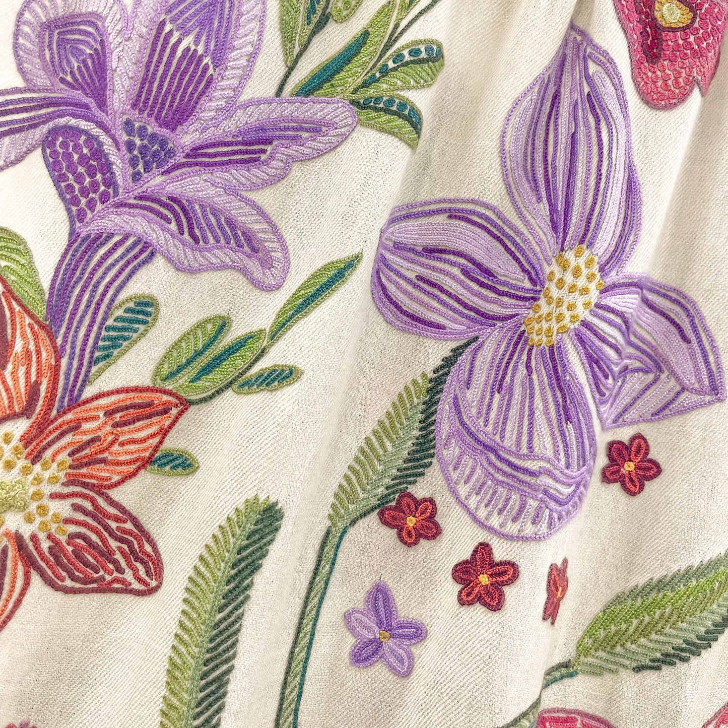 Flower Celebration Wool Ally Hand Embroidered Stole (White/Multi)