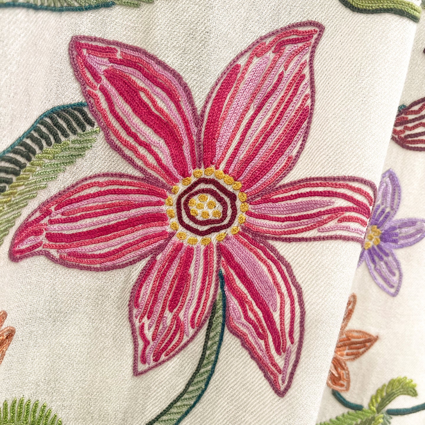 Flower Celebration Wool Ally Hand Embroidered Stole (White/Multi)
