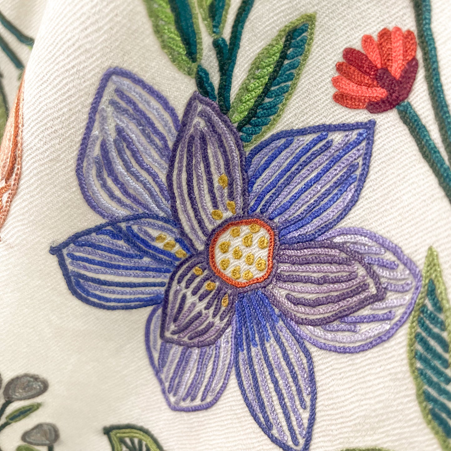 Flower Celebration Wool Ally Hand Embroidered Stole (White/Multi)