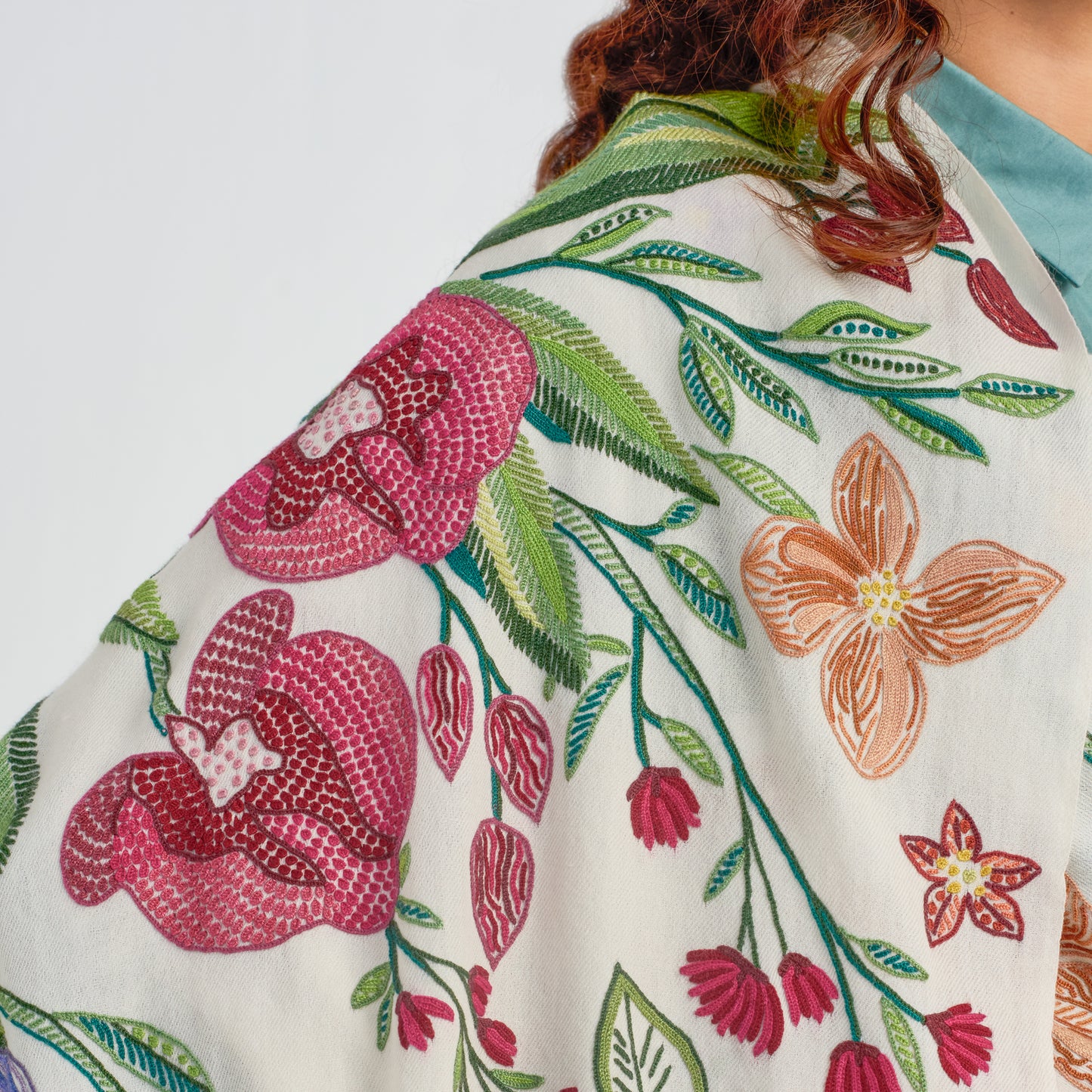 Flower Celebration Wool Ally Hand Embroidered Stole (White/Multi)