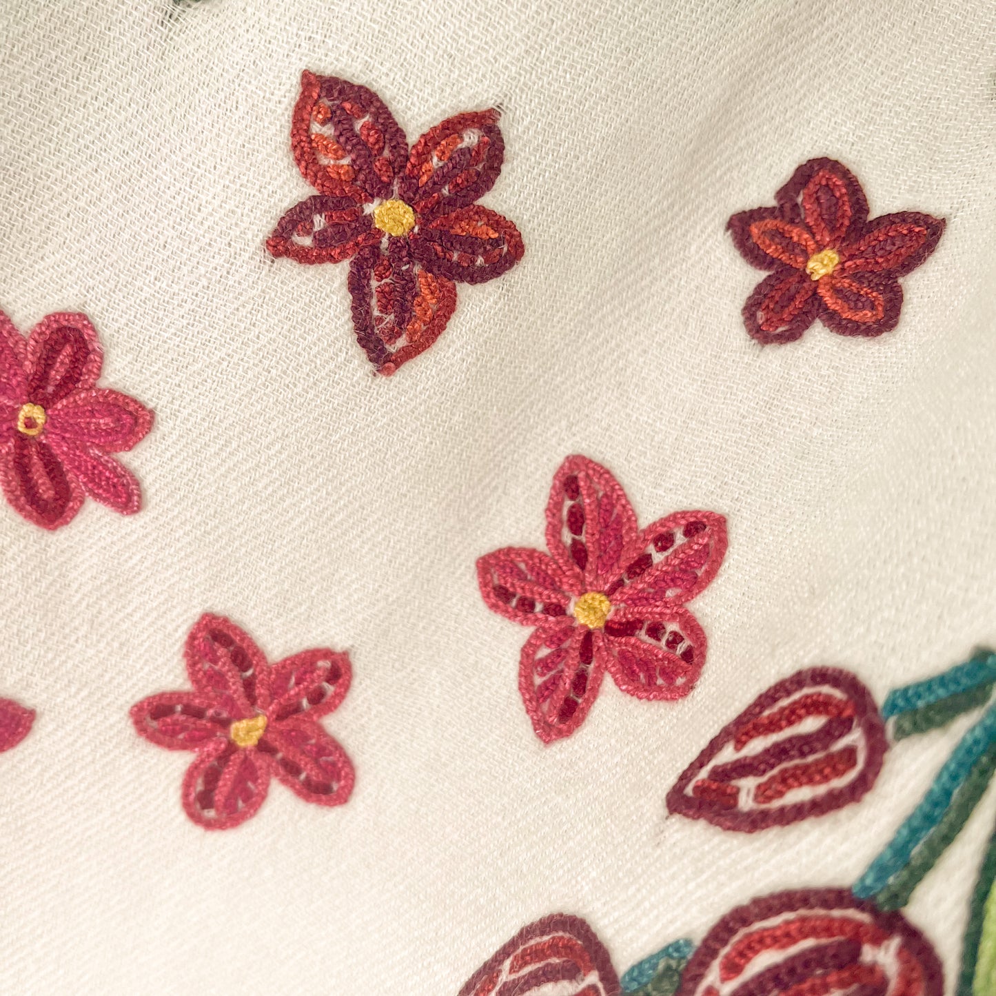 Flower Celebration Wool Ally Hand Embroidered Stole (White/Multi)