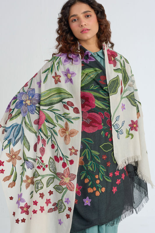 Flower Celebrationウール アリー手刺繍ストール(ホワイト/マルチ)
