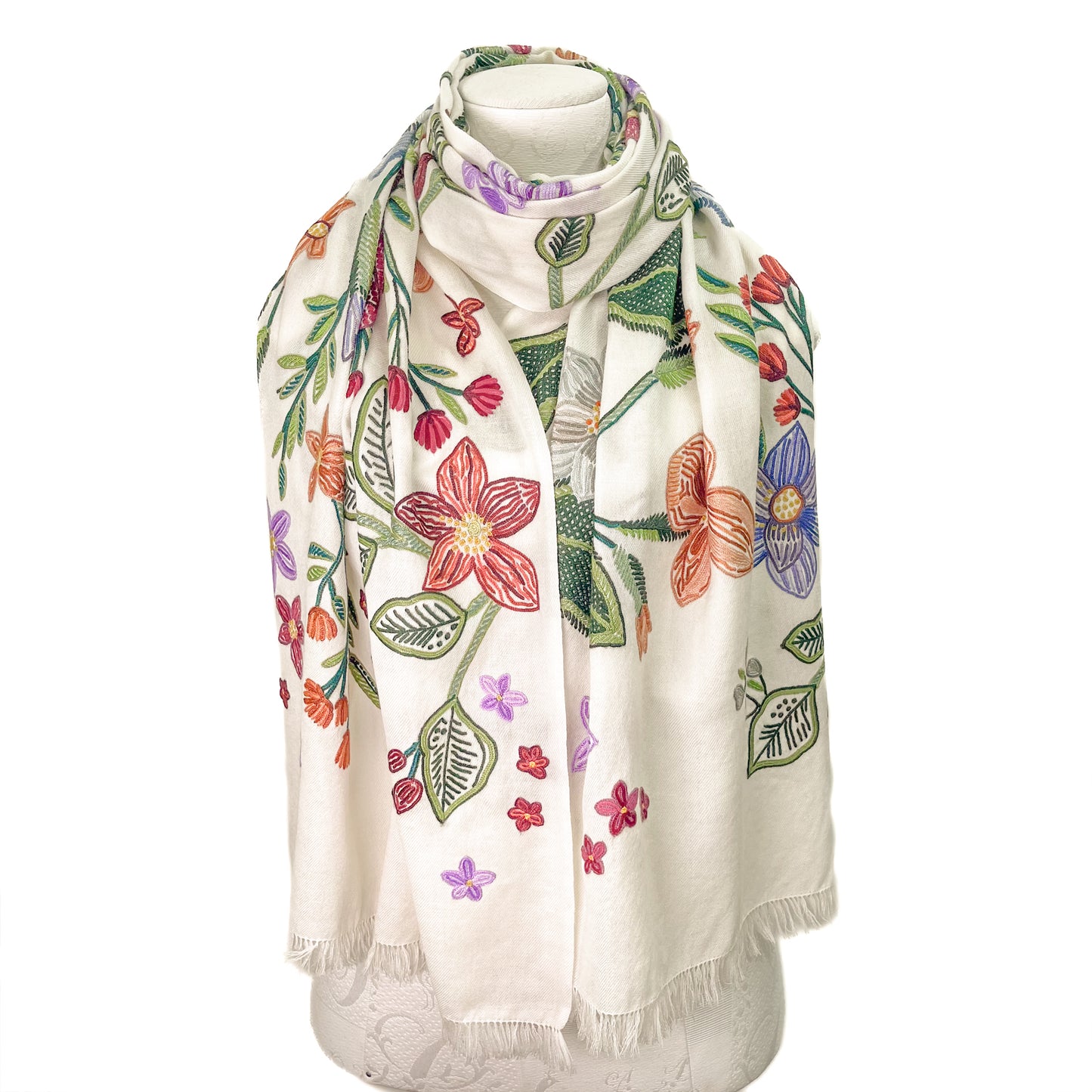 Flower Celebration Wool Ally Hand Embroidered Stole (White/Multi)