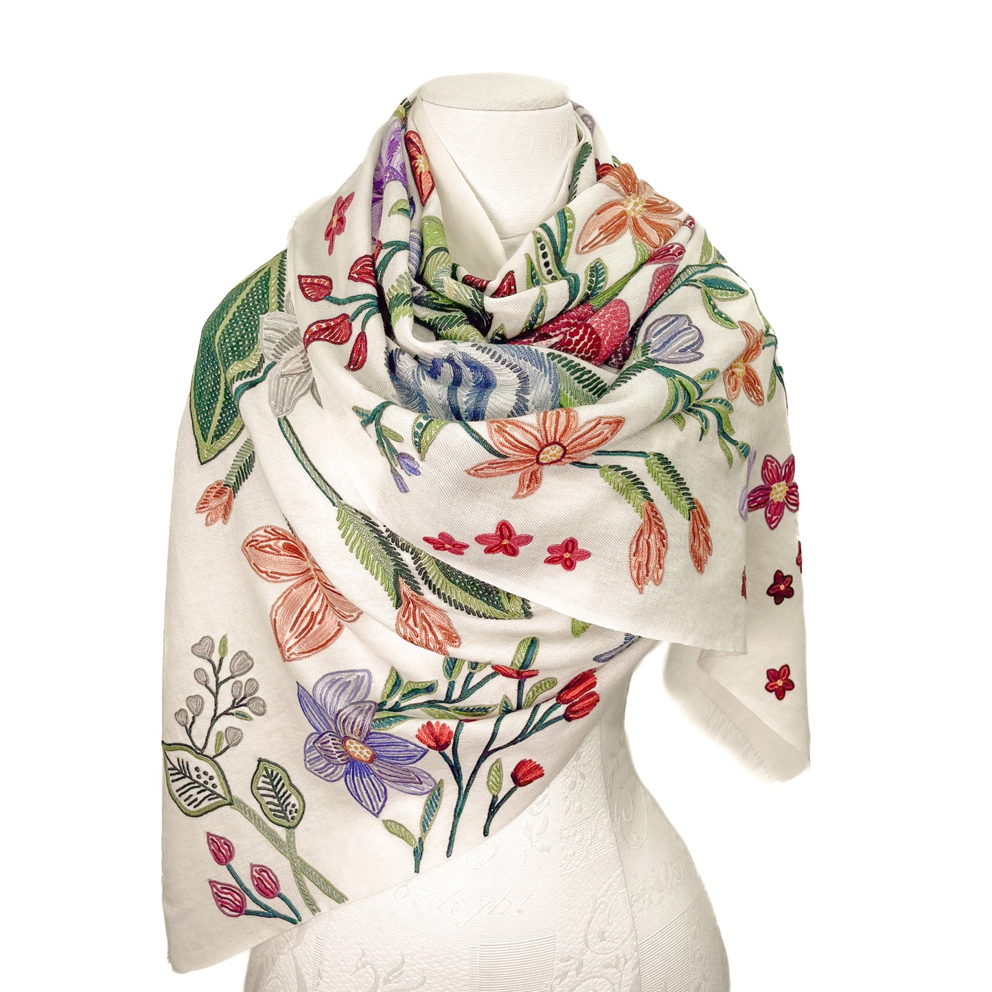 Flower Celebration Wool Ally Hand Embroidered Stole (White/Multi)