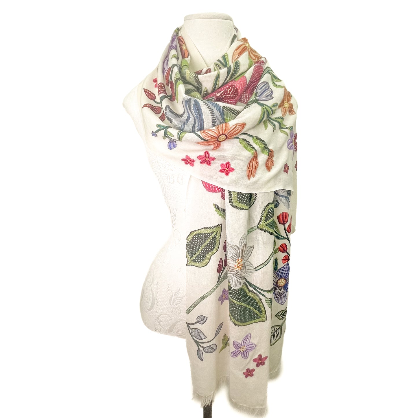 Flower Celebration Wool Ally Hand Embroidered Stole (White/Multi)