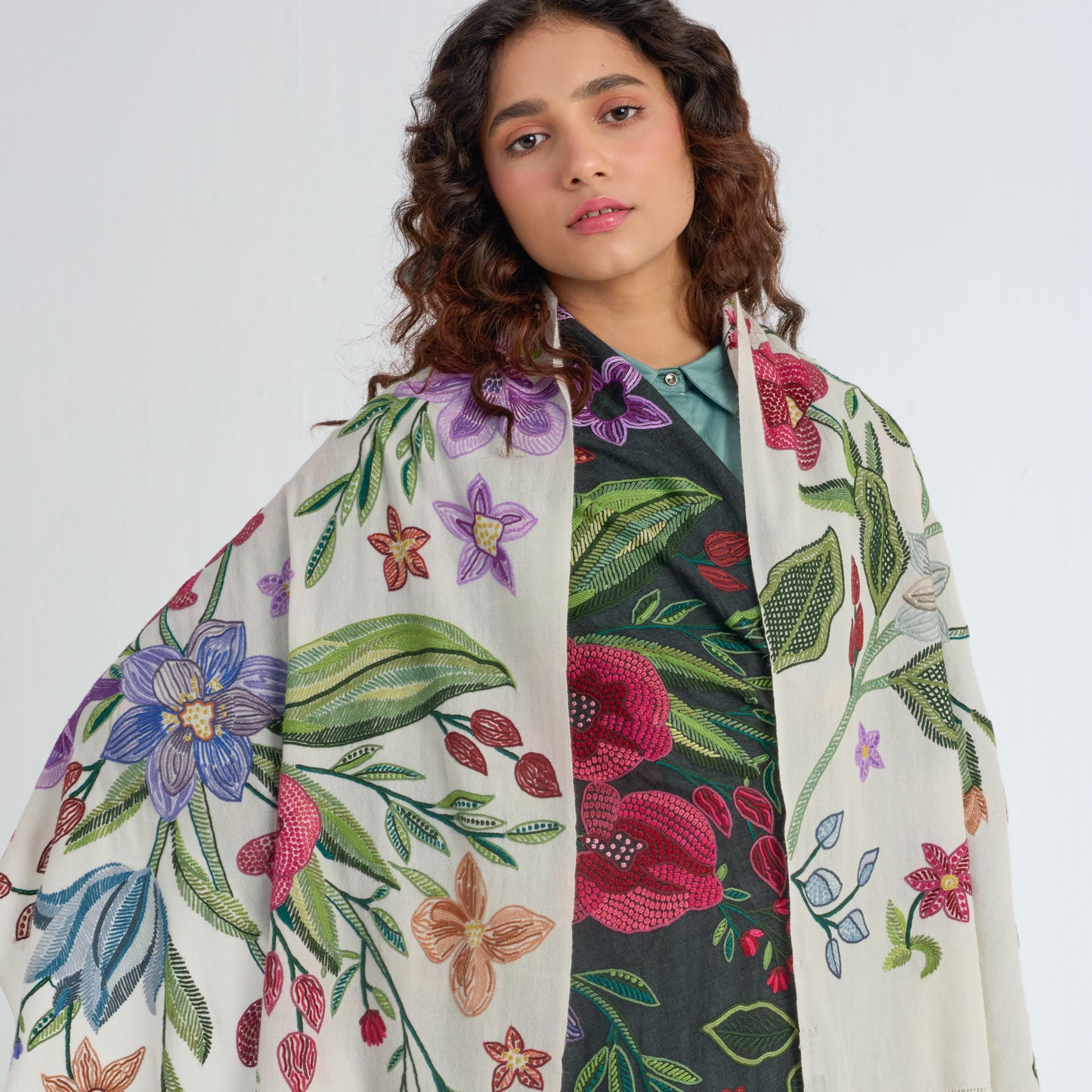 Flower Celebration Wool Ally Hand Embroidered Stole (White/Multi)