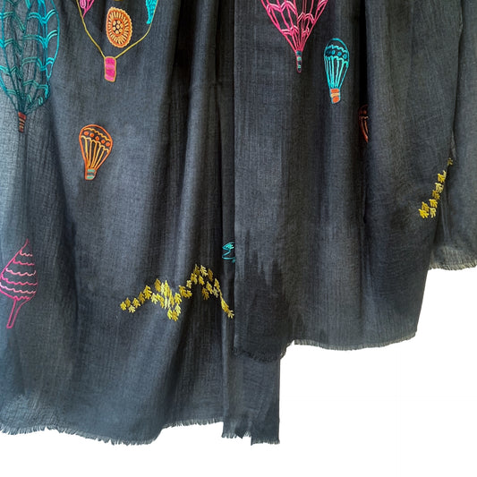 スーパーファインウール&シルク アリー手刺繍ストール(ダークグレー)
