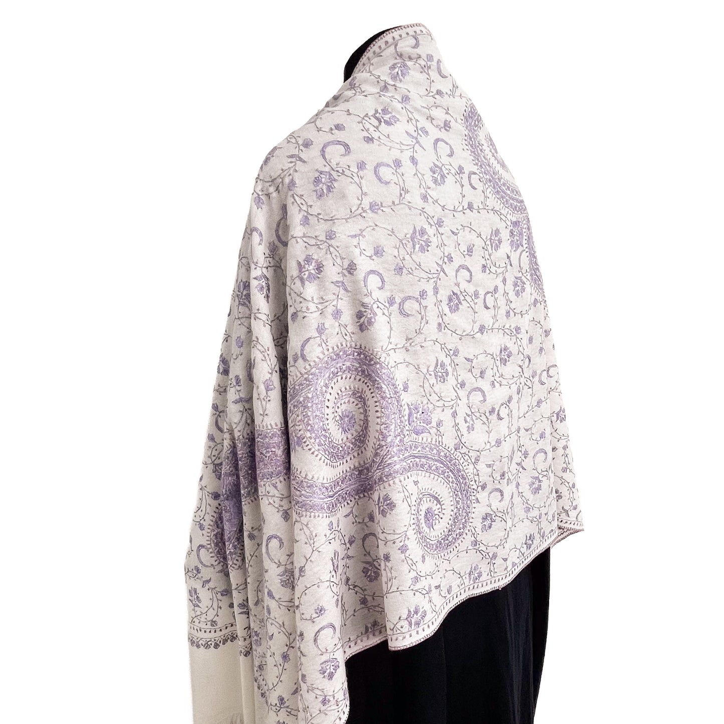 ウール ニードル手刺繍ストール (ホワイト/パープル)