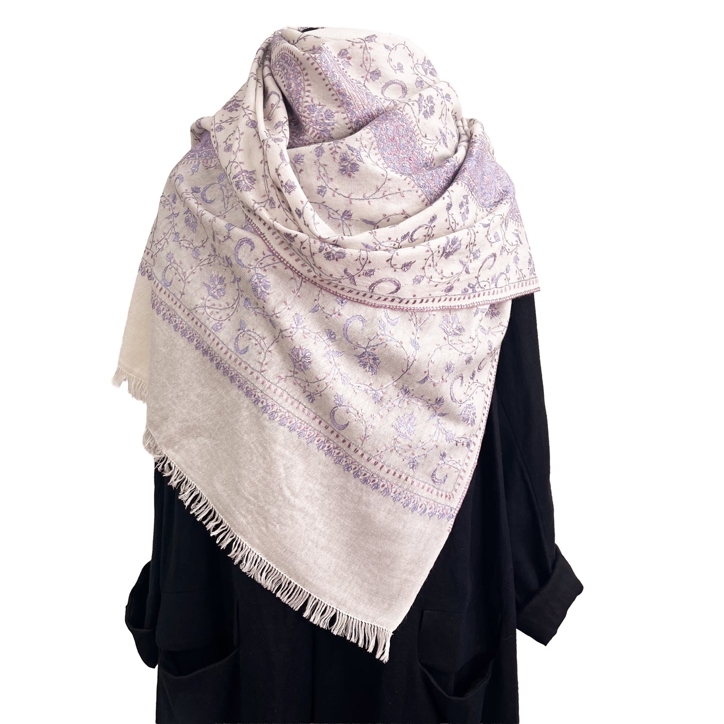 ウール ニードル手刺繍ストール (ホワイト/パープル)