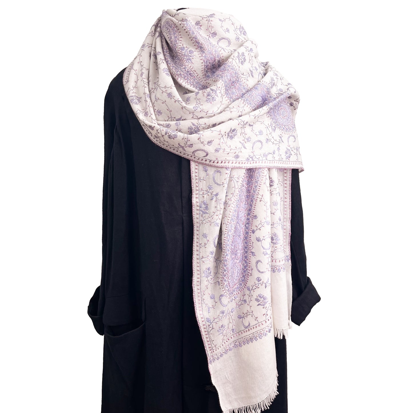 ウール ニードル手刺繍ストール (ホワイト/パープル)