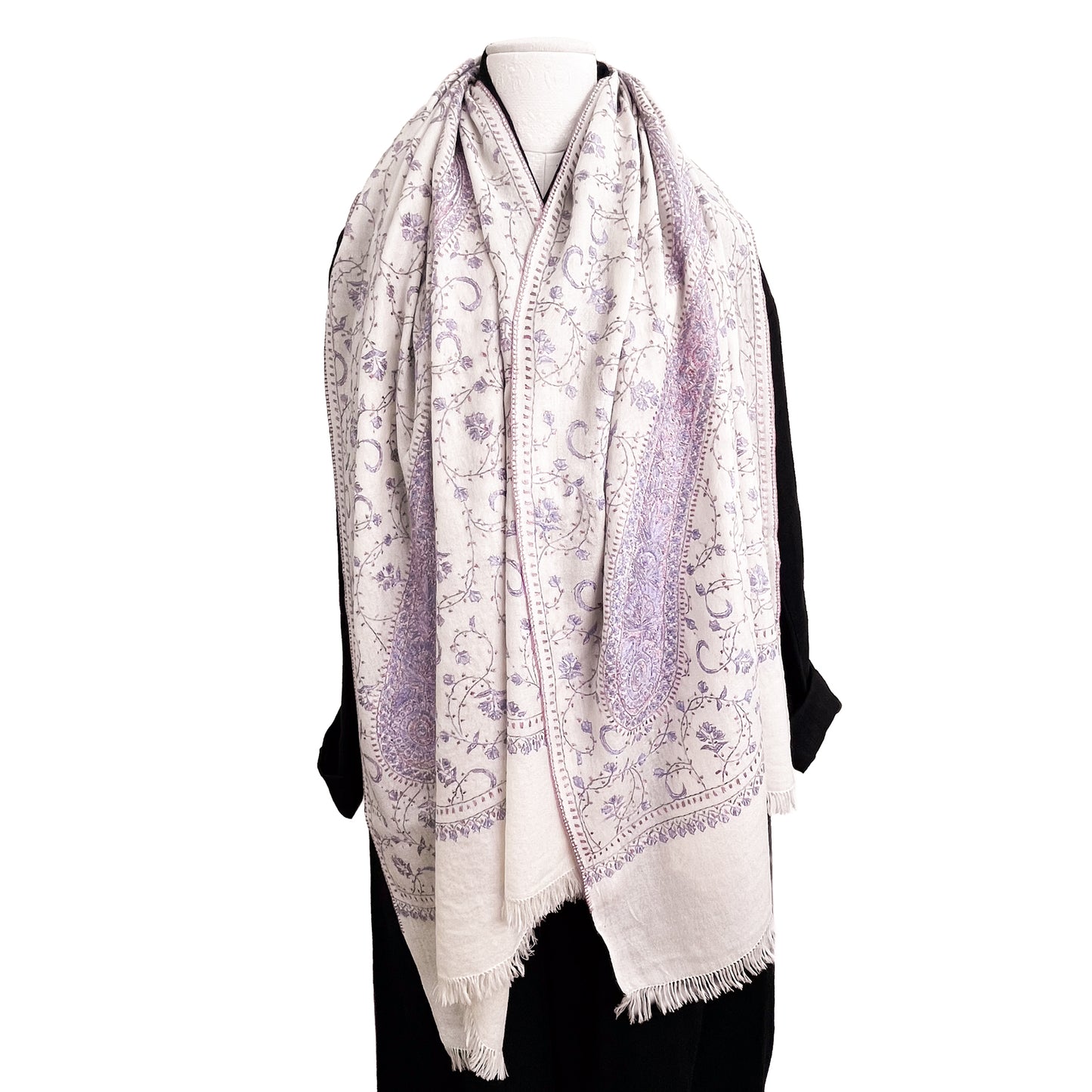 ウール ニードル手刺繍ストール (ホワイト/パープル)