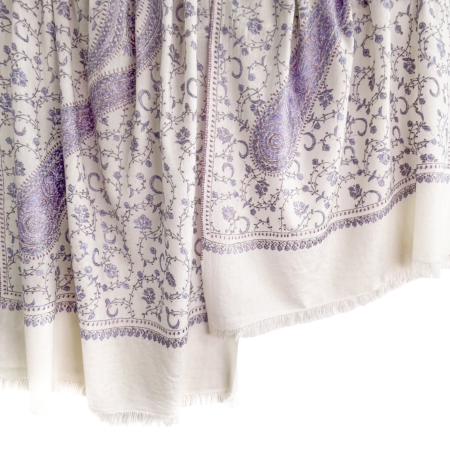 ウール ニードル手刺繍ストール (ホワイト/パープル)