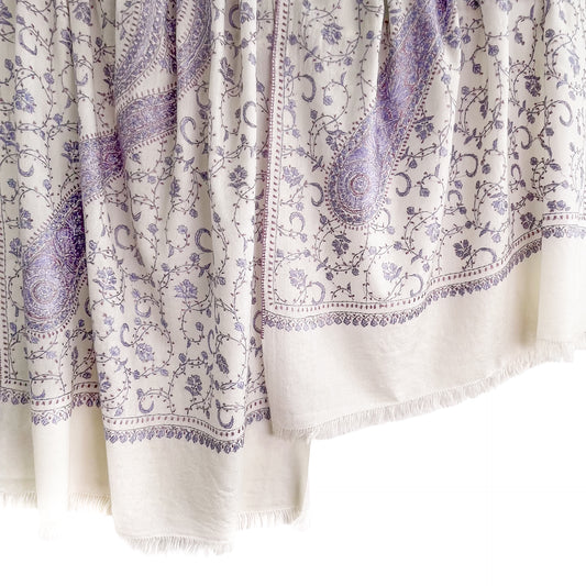 ウール ニードル手刺繍ストール (ホワイト/パープル)