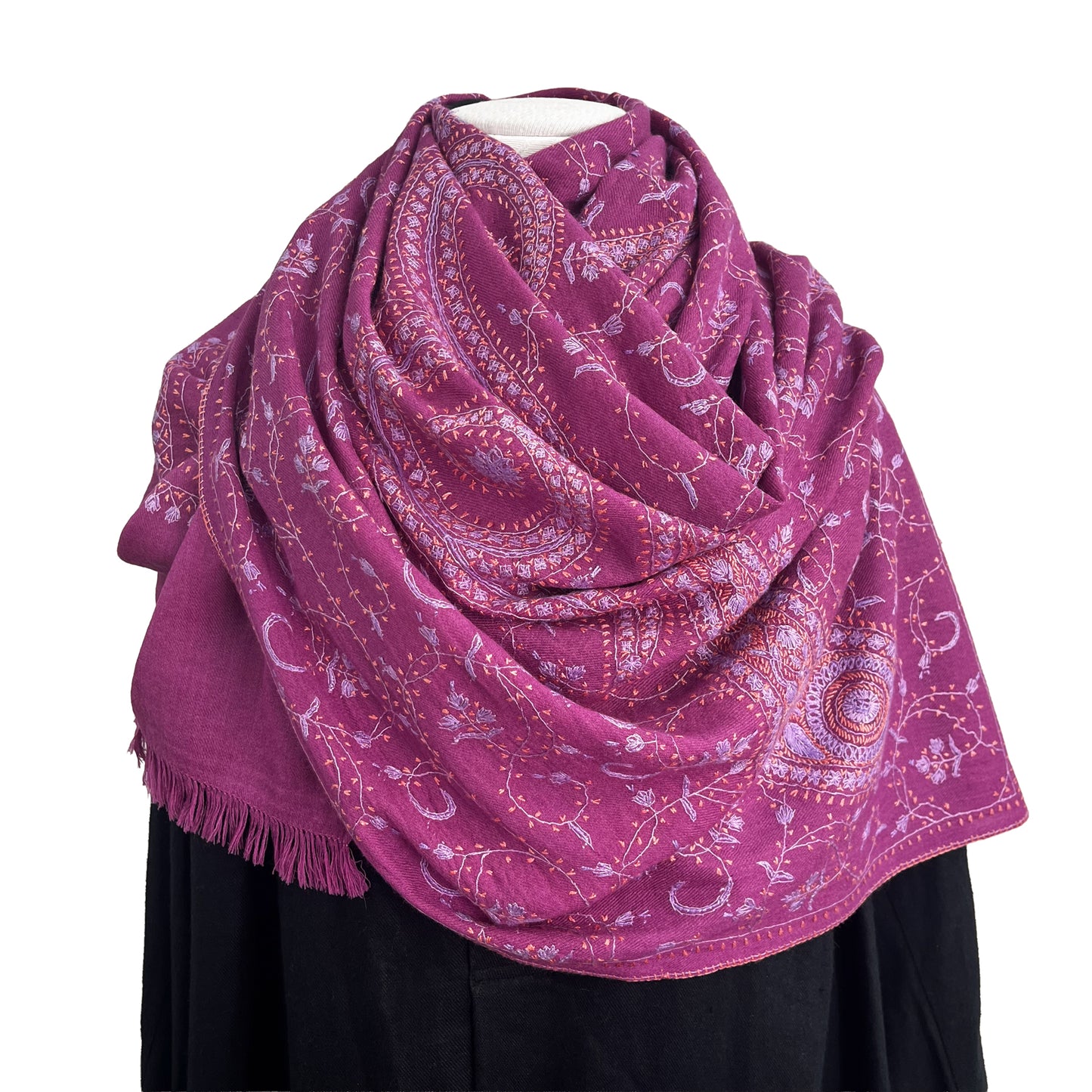 ウール ニードル手刺繍ストール (マゼンタ)