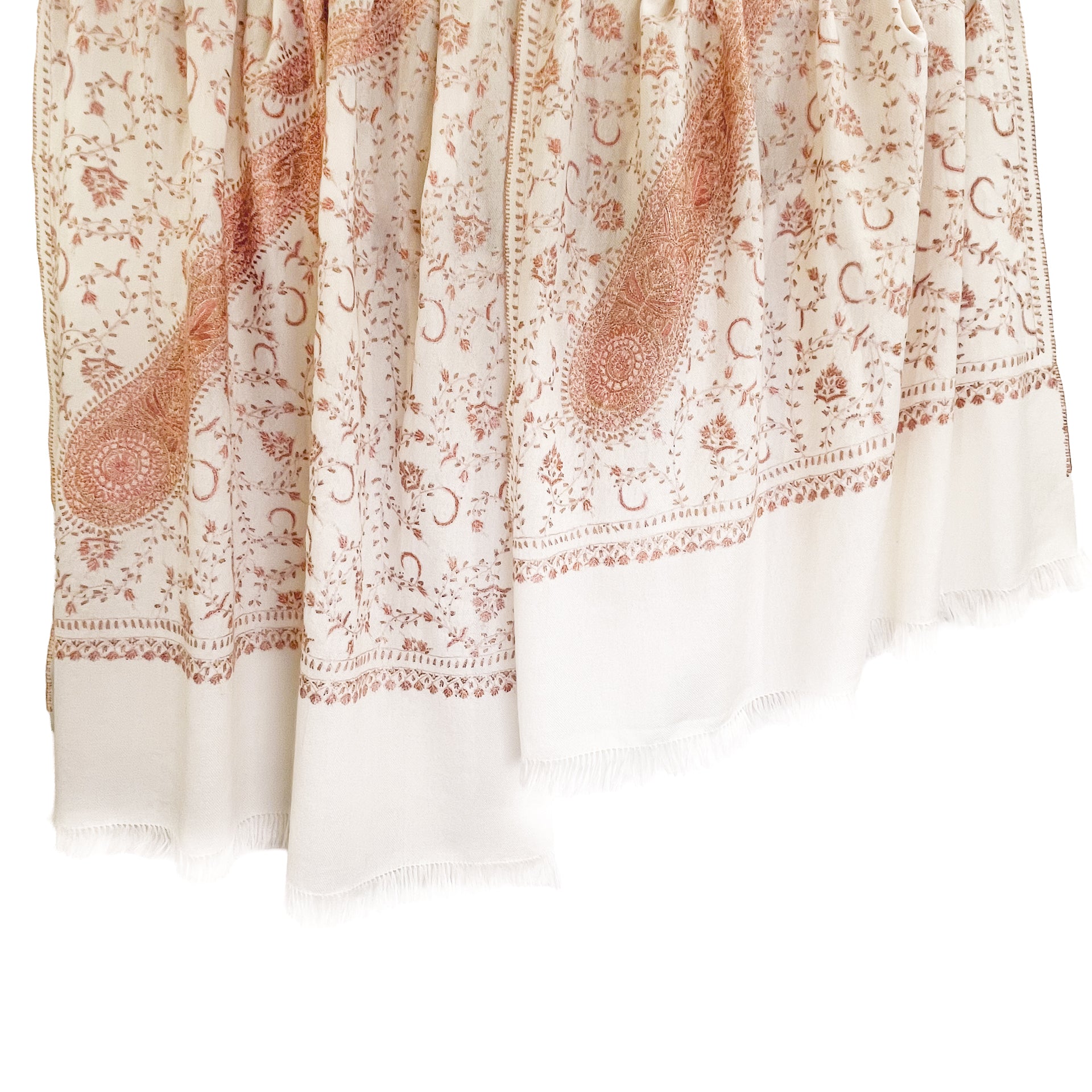 ウール ニードル手刺繍ストール (ホワイト/ライトオレンジ