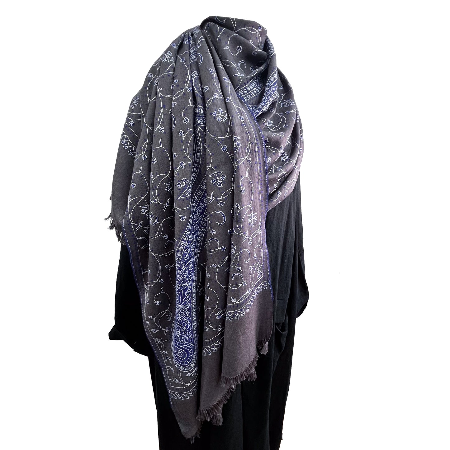 Wool Arly Hand Embroidered Stole (White/Light Green)