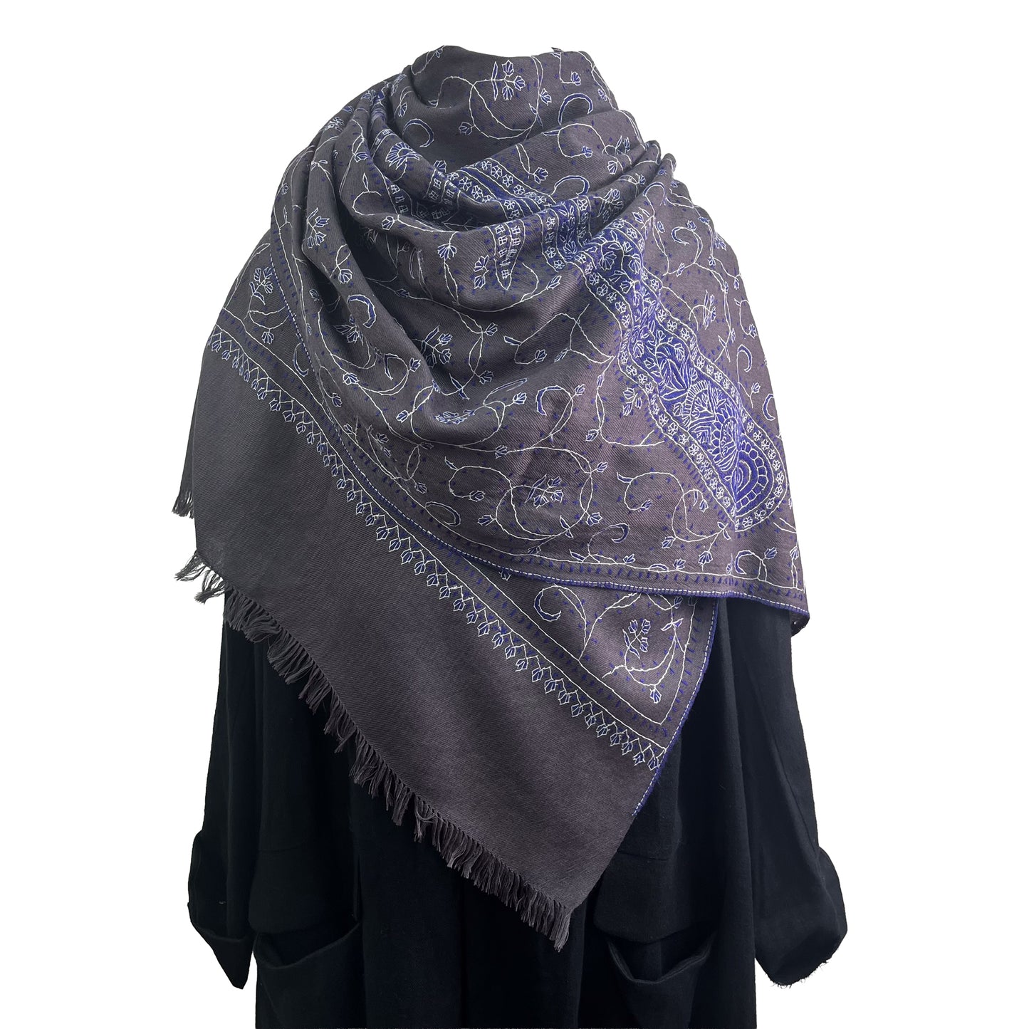 Wool Arly Hand Embroidered Stole (White/Light Green)