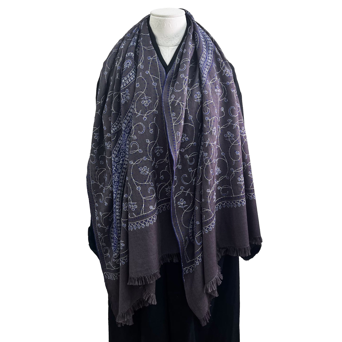 Wool Arly Hand Embroidered Stole (White/Light Green)