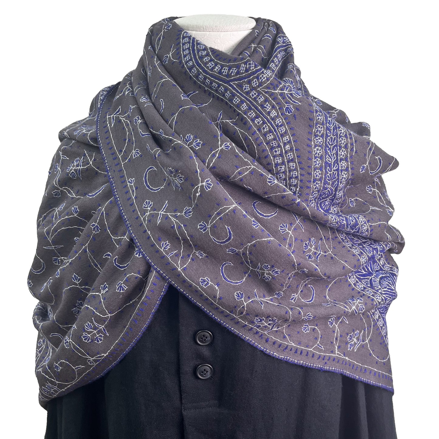 Wool Arly Hand Embroidered Stole (White/Light Green)