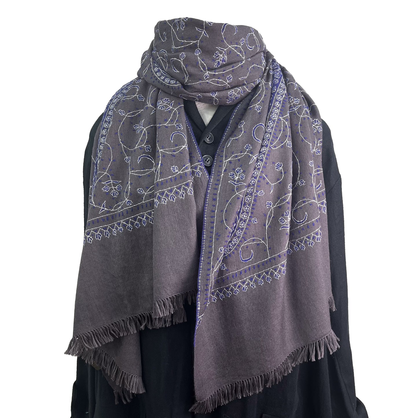 Wool Arly Hand Embroidered Stole (White/Light Green)