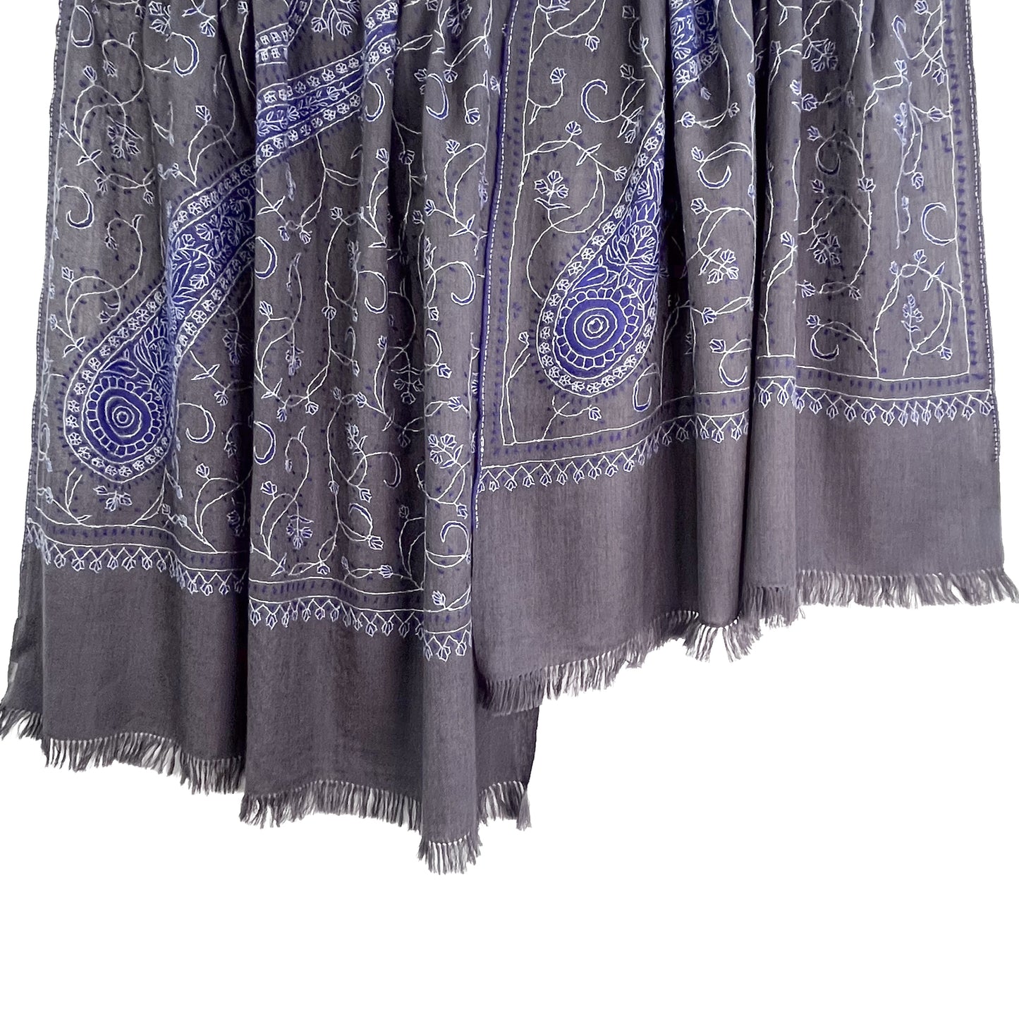 Wool Arly Hand Embroidered Stole (White/Light Green)