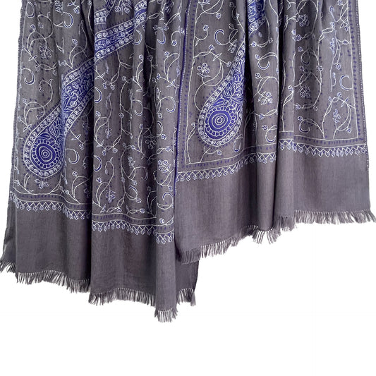 Wool Arly Hand Embroidered Stole (White/Light Green)