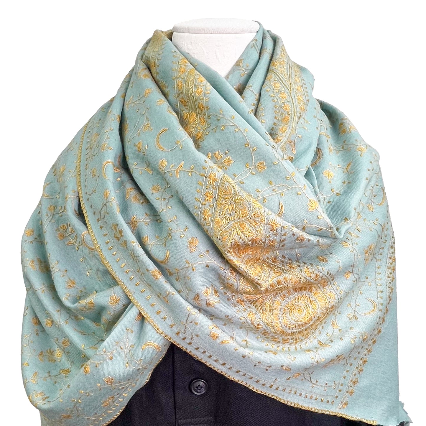 Wool Arly Hand Embroidered Stole (White/Light Green)