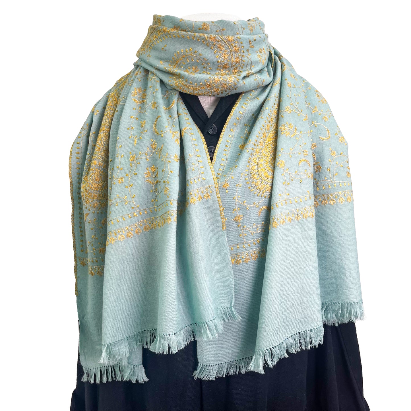 Wool Arly Hand Embroidered Stole (White/Light Green)