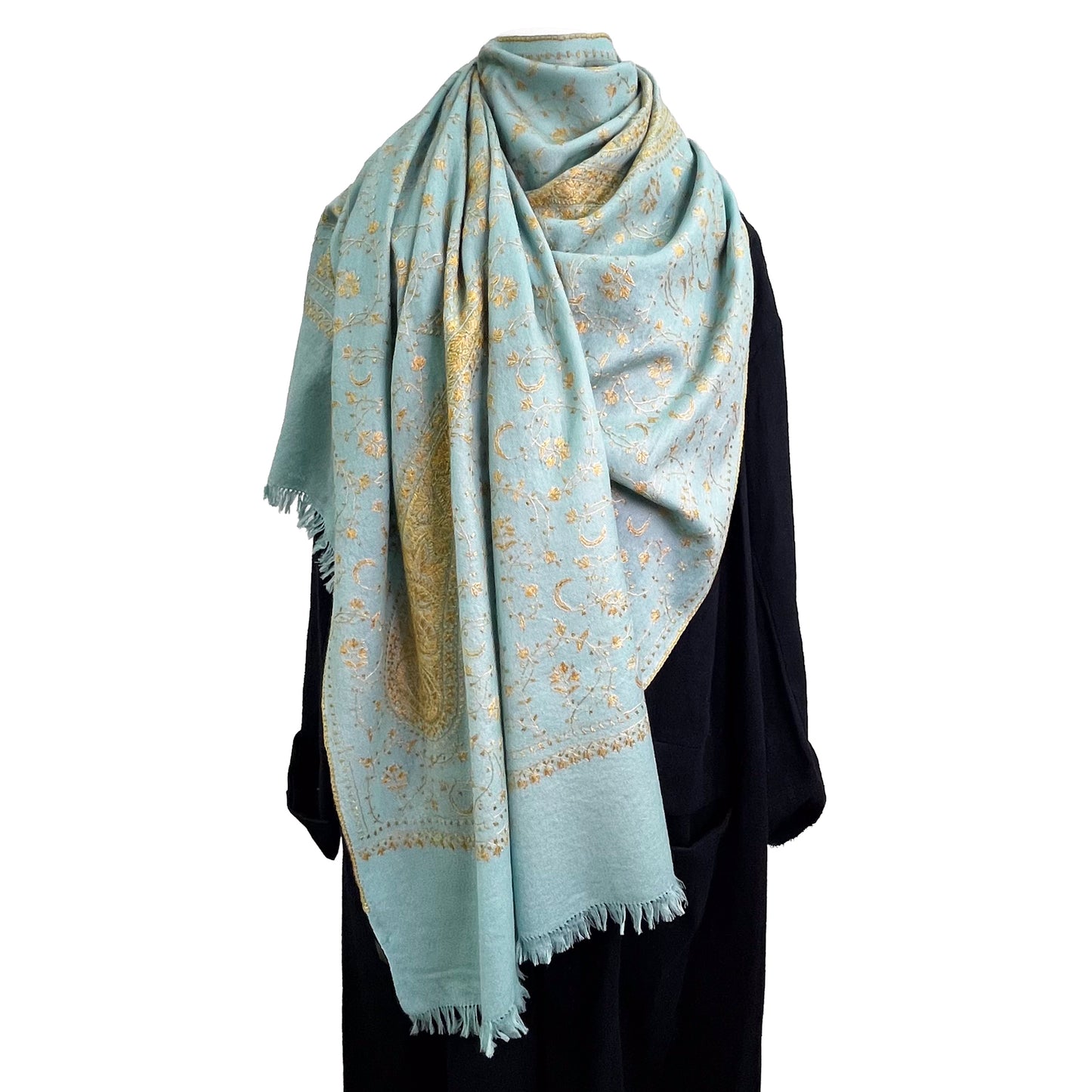 Wool Arly Hand Embroidered Stole (White/Light Green)