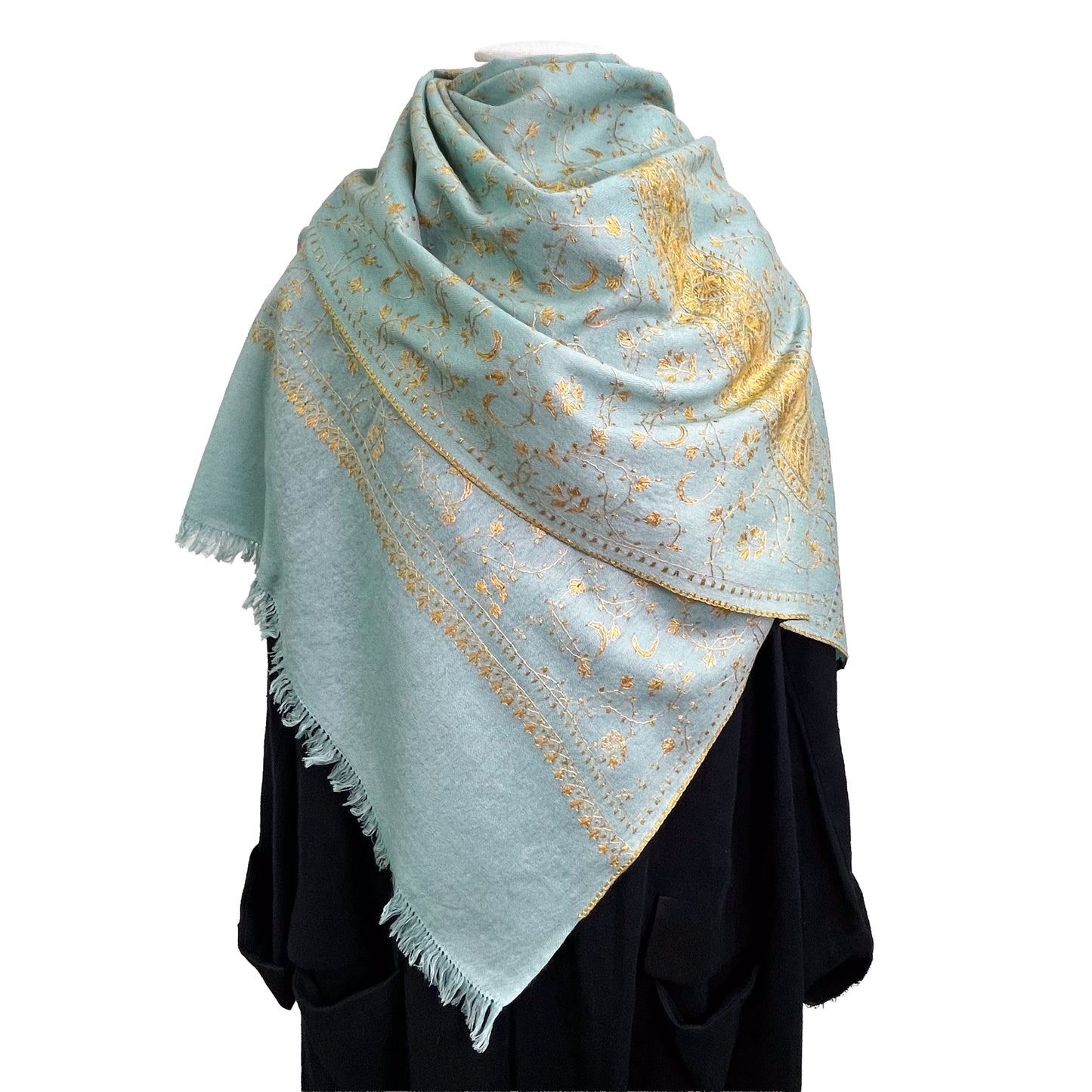 Wool Arly Hand Embroidered Stole (White/Light Green)