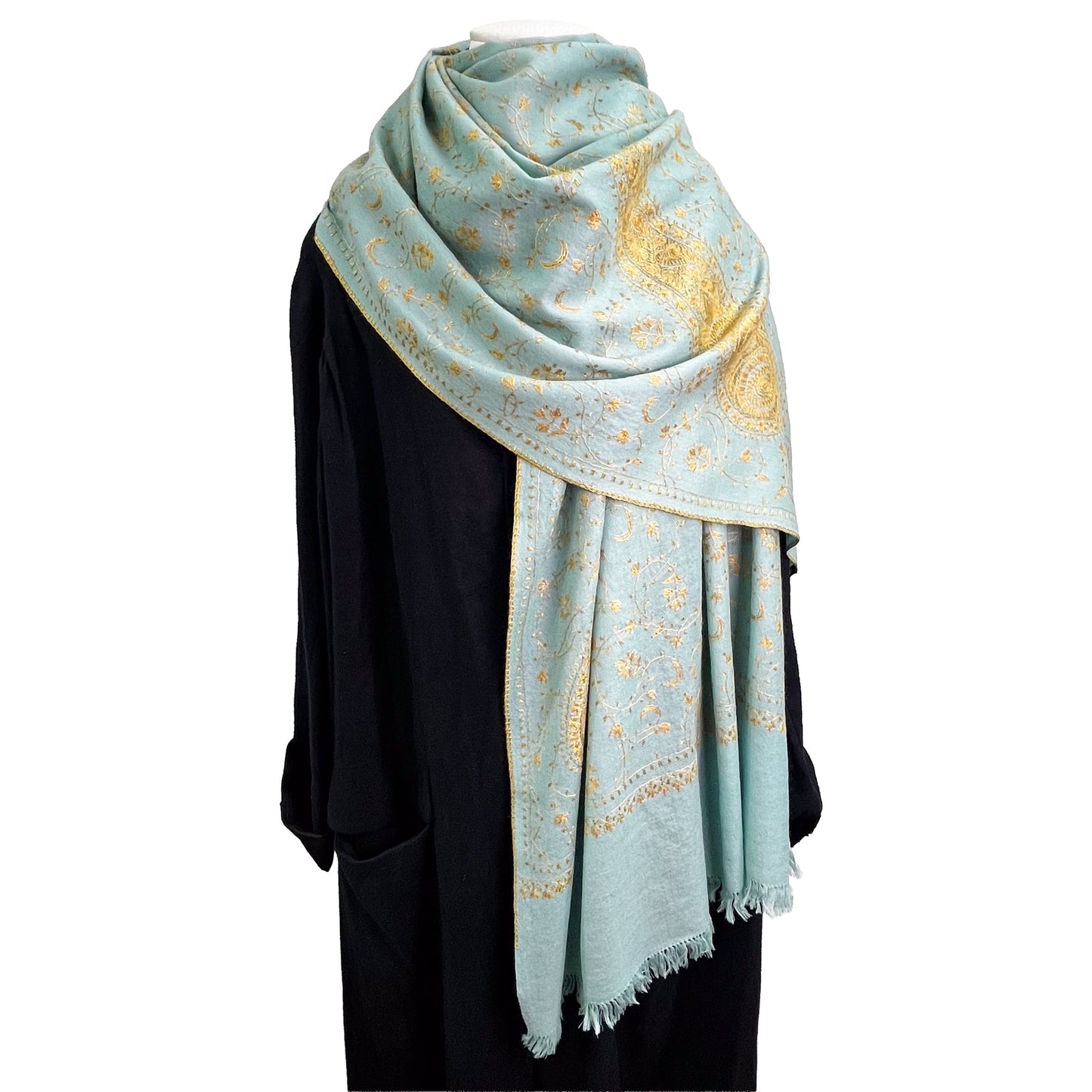 Wool Arly Hand Embroidered Stole (White/Light Green)