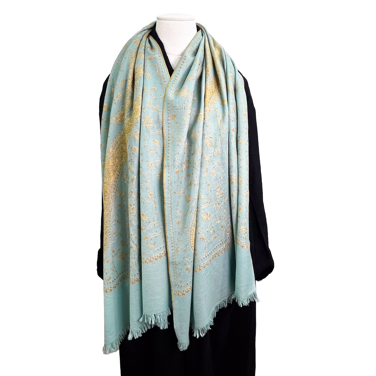 Wool Arly Hand Embroidered Stole (White/Light Green)
