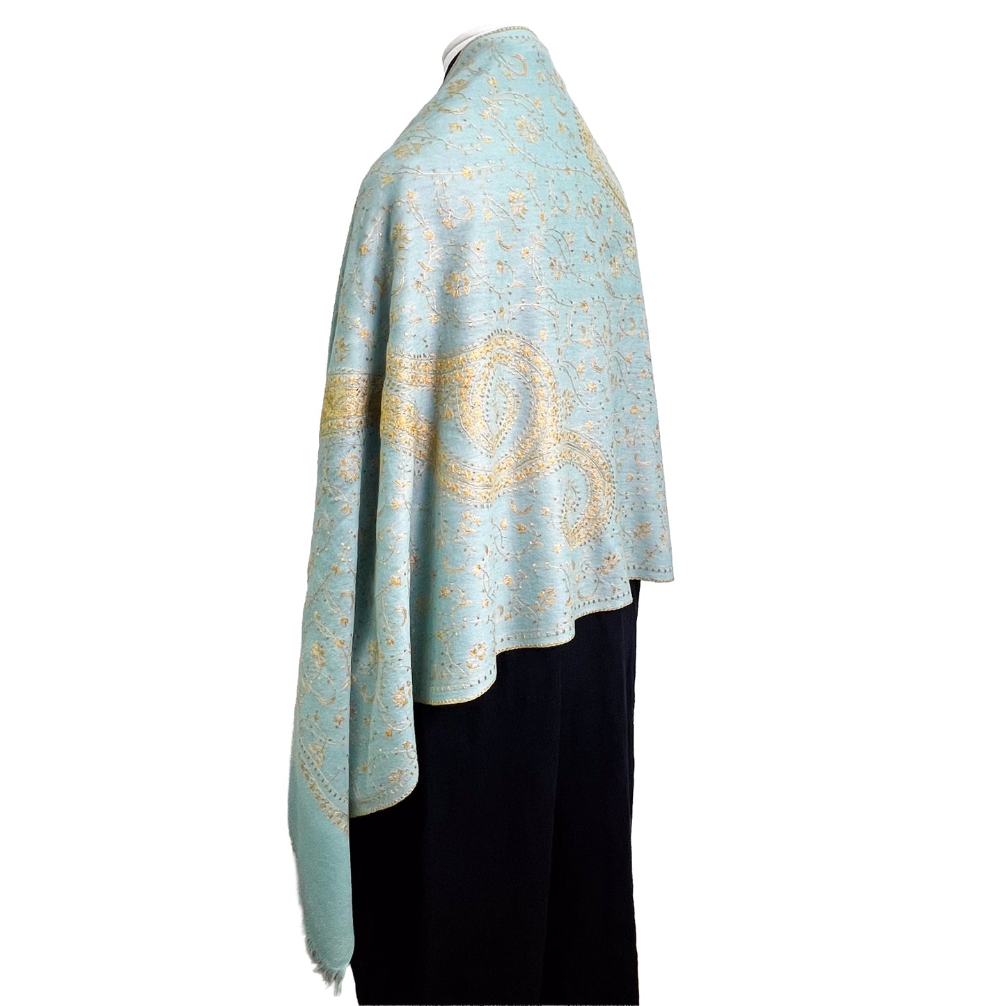 Wool Arly Hand Embroidered Stole (White/Light Green)